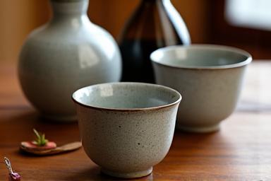 プライベートダイニングテーブルに並べられた日本酒と盃